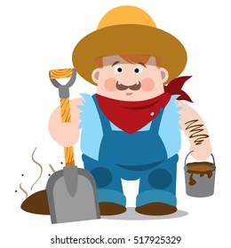 Man in overalls and hat. Guy with a shovel and bucket. Farm worker. Farming.