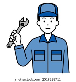 Man in overalls holding a monkey wrench