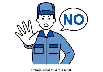 Man in overalls holding out her right hand and saying "NO"