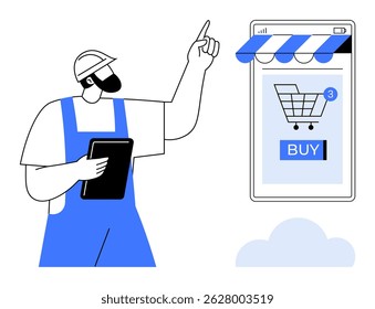 Man in overalls holding tablet pointing to mobile device with shopping cart icon. Ideal for e-commerce, online shopping, technology, digital marketplace, business services. Simple modern style