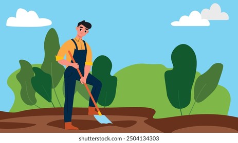 Man in overalls leaning on a shovel in a lush green landscape, preparing soil.


