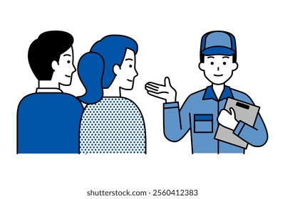 Man in overalls making a proposal to a young couple
