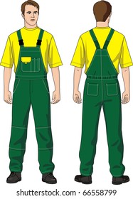 The man in overalls with pockets and a T-shirt