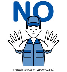 Man in overalls saying NO with both hands outstretched