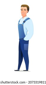 Man in overalls. Service guy. Handyman, locksmith or repairman. Cheerful person. Standing pose. Cartoon comic style flat design. Single character. Illustration isolated on white background. Vector