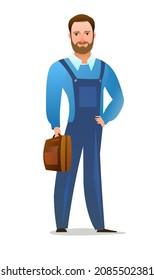 Man in overalls. Service guy. Handyman, locksmith or repairman. Cheerful person. Standing pose. Cartoon comic style flat design. Single character. Illustration isolated on white background. Vector.