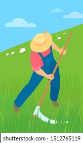 A man in overalls and a straw hat mow the grass with a hand scythe. Rural landscape: pasture, sky, sheep on the background. Vector cartoon illustration.