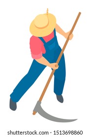 A man in overalls and a straw hat mow the grass with a hand scythe. Vector cartoon illustration.