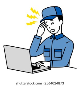 Man in overalls suffering from a headache while working on a laptop