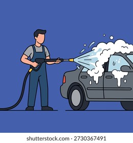 Ein Mann im Overall benutzt einen Druckwäscher, um ein Auto zu reinigen, das mit Seife und Schaum bedeckt ist.