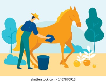 Man in Overalls Washes Horse in Garden. Vector Illustration. People on Farm. Farm Business. Family Business. Horses at Farm. Equestrian Sport. Man Caring for Horse. Horse Groom Washes Horse.