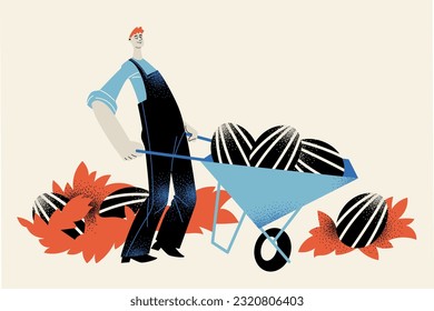 A man in overalls with a wheelbarrow full of watermelons. Harvest time. Flat style illustration