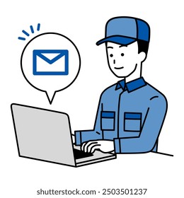 Man in overalls working on a laptop receiving emails