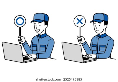 Man in overalls working on a laptop raising a ○× mark