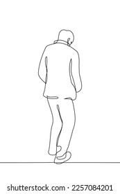 man in an overcoat walking with his head down and his hands in his pockets with his back to the viewer - one line vector drawing. the concept of a sad walk alone