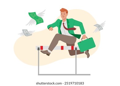 Man overcome hurdle, flying banknote, money illustration concept with activity. Flat vector illustration.