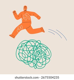 Man overcome trouble and barriers breakthrough. Colorful vector illustration