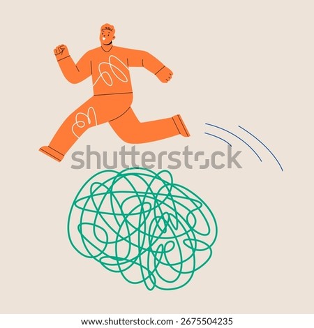 Man overcome trouble and barriers breakthrough. Colorful vector illustration