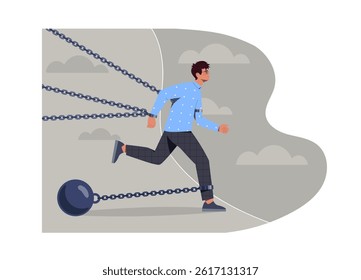 Man overcomes difficulties. Young guy running with weights on his legs. Businessman struggle ribbon. Motivation and leadership. Chained entrepreneur. Flat vector illustration