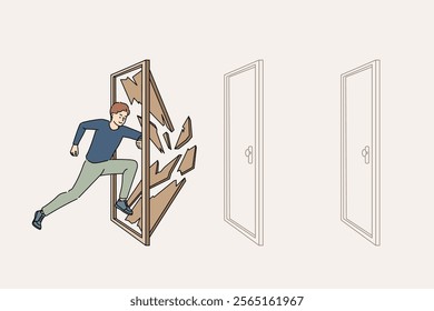 Man overcomes obstacles during challenge, running and destroying closed doors along way. Guy demonstrates motivation to achieve goal, overcoming obstacles and not paying attention to barriers