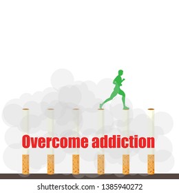 A man overcomes obstacles in the form of cigarettes and frees himself from addiction. No tobacco day vector illustration