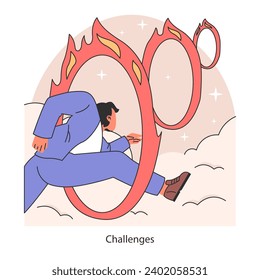 Man overcoming obstacles. Navigating through life's challenges with agility and determination. Resilience in facing difficulties. Flat vector illustration.