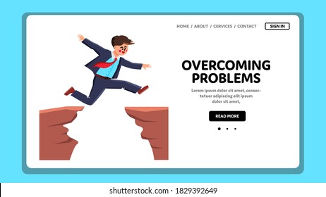 Man Overcoming Problems And Difficulties Vector. Businessman Jumping And Overcoming Problems, Colleague Guy In Suit Jump Over Abyss. Character Adventure Web Flat Cartoon Illustration