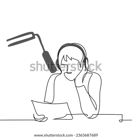 man with over-ear headphones and professional microphone reads sheet of paper while sitting at table - one line art vector. concept to record podcast, live radio presenter, dubbing or voice-over