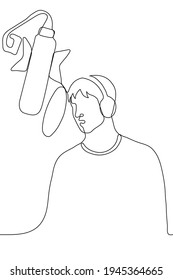 man in over-ear headphones stands in a recording studio in front of a professional microphone - one line drawing. Concept of audio track recording, audio book, dubbing, commercial sounding