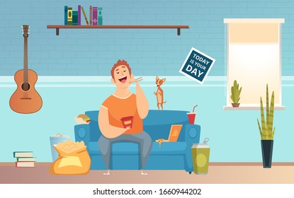 Man is overeating. Fat guy, food addiction and behavior problems. Lazy man on couch eating fast food vector illustration