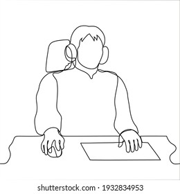 man in overhead headphones sits at a table his right hand is on a computer mouse and his left hand is on the keyboard - one player concept or composer, blogger, video manager