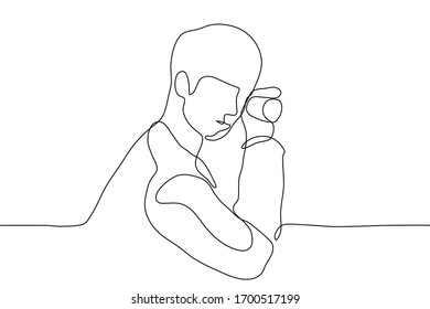 man overhears by applying a glass to his ear. The concept of eavesdropping, information mining, the birth of gossip, meanness, tracking, harassment, data theft. One continuous line art, for animation