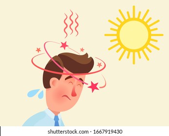 The man overheated in the sun. Sunstroke and dizziness. The danger of dehydration and overheat in the heat outdoor. Medical vector illustration, flat design, cartoon style.