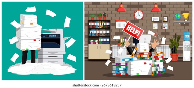 Homem sobrecarregado de papelada no escritório. Conceito de carga de trabalho e stress. Funcionário ocupado na ilustração de conjunto de vetor de estilo plano.