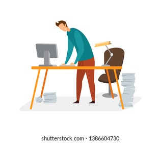 Man Overloaded with Paperwork Vector Illustration. Tired Freelancer, Student Using Computer Cartoon Character. Stressed Office Worker Preparing Annual Report. Trouble at Work, Project Deadline