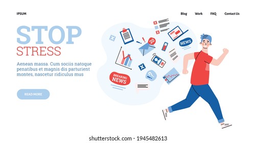 Man overloading by work and news in stress run away from information data stream