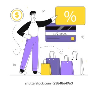 Hombre con el concepto de línea de gasto excesivo. Joven con tarjeta de banco. Compras en línea y comercio electrónico. Publicidad y marketing. Ilustración lineal vectorial aislada en fondo blanco