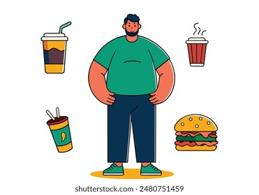 Man overweight. Problems with excess weight. The concept of bad eating habits, gluttony, obesity and unhealthy eating. Hand drawn style vector design illustrations.