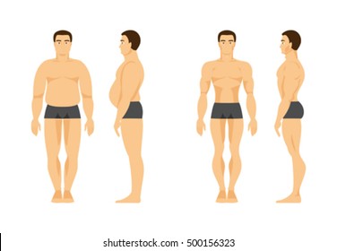 Man with overweight and slim men. Before and after. Diet and fitness. Healthy lifestyle