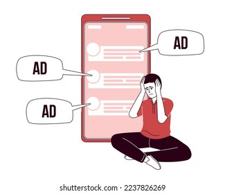 Man overwhelmed by ads flat concept vector illustration. Editable 2D cartoon character on white for web design. Spam creative idea for website, mobile, presentation. Bebas Nenue font used