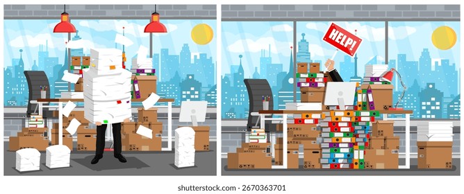 A man overwhelmed by documents and boxes at the office, with a hand holding a help sign. Business deadline and stress concept.