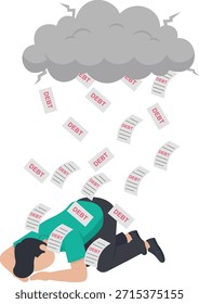 Un hombre abrumado por la caída de los papeles de la deuda de una nube de tormenta que representa la crisis financiera.