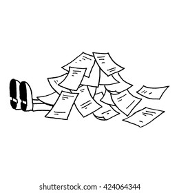 Man overwhelmed with paper mountain. Stress, overload, document. Drawing by hand