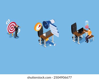 Man overwork in office, deadline 3d isometric vector illustration