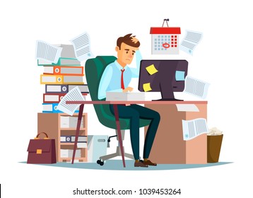 Man overwork in office, deadline vector illustration. Manager sitting at computer desk with stack of documents in mess and deadline tasks sticky notes holding hand on head flat cartoon office design - Shutterstock ID 1039453264
