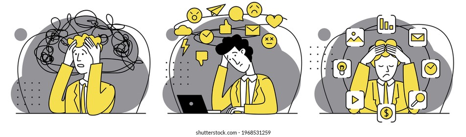 Man overwork in office, deadline vector illustration. Busy time of businessman in hard working. A lot of work. Stress at work. Manager holding hand on head flat cartoon office design. Vector set