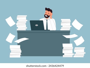 Man overwork in office, deadline vector illustration. Manager sitting at computer desk with stack of documents in mess and deadline tasks holding hand on head in flat design.