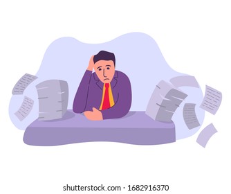 Man overwork in office deadline.Manager sitting at desk with stack of documents.Businessman holding hand on head.On office table with document - paper pile of work. Concept for stress vector flat.