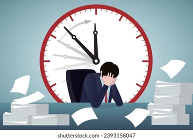 Man overworked in office, deadline vector illustration.