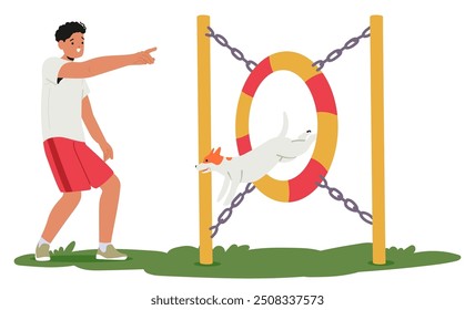 Man Owner Character Points As He Trains His Dog To Jump Through A Hoop Outdoors. The Dog Is Mid-jump, Showing Successful Obedience Training. Cartoon Vector Illustration Of Cheerful And Lively Scene